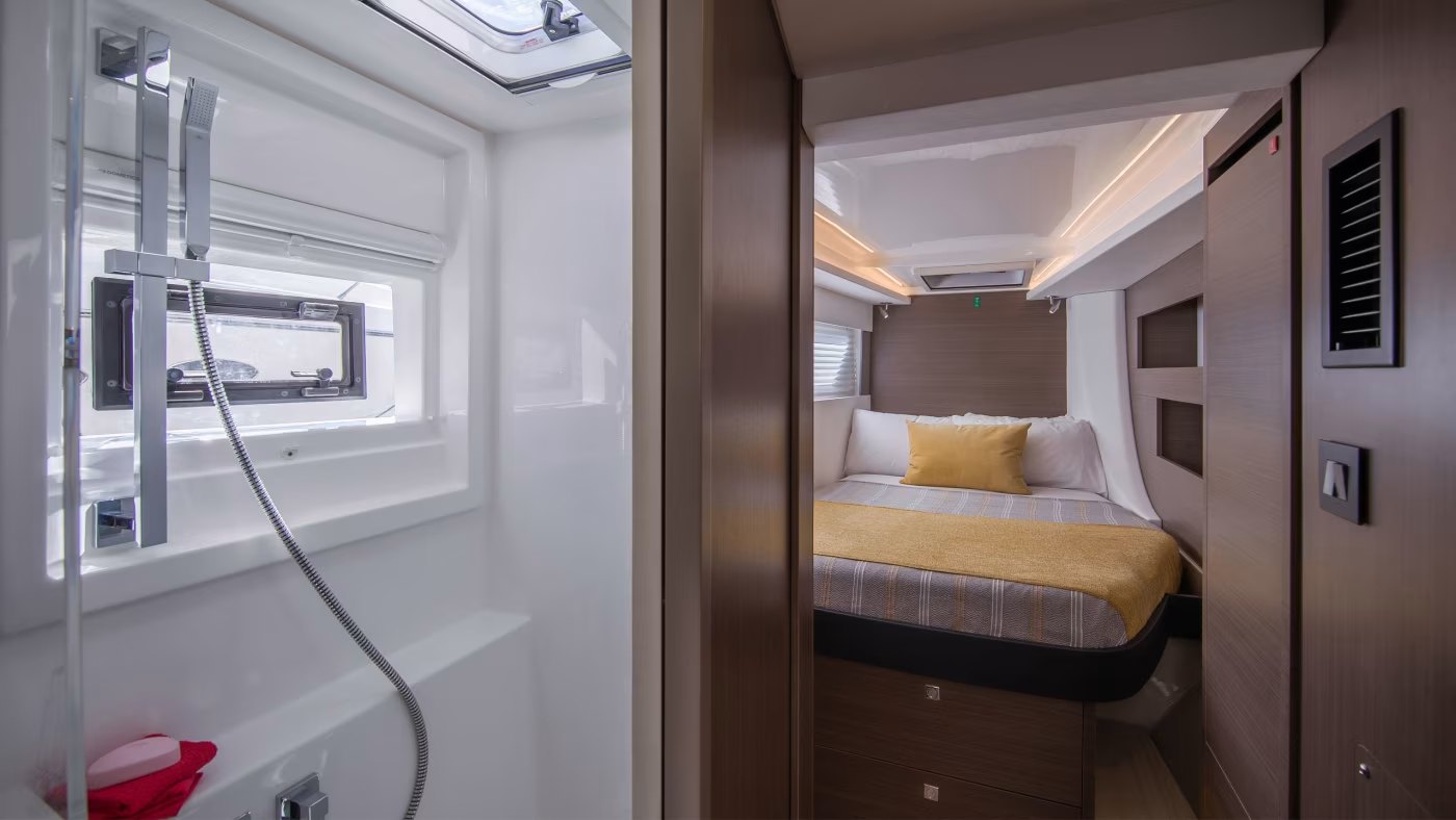 En-suite head and shower in a Leopard 42 cabin