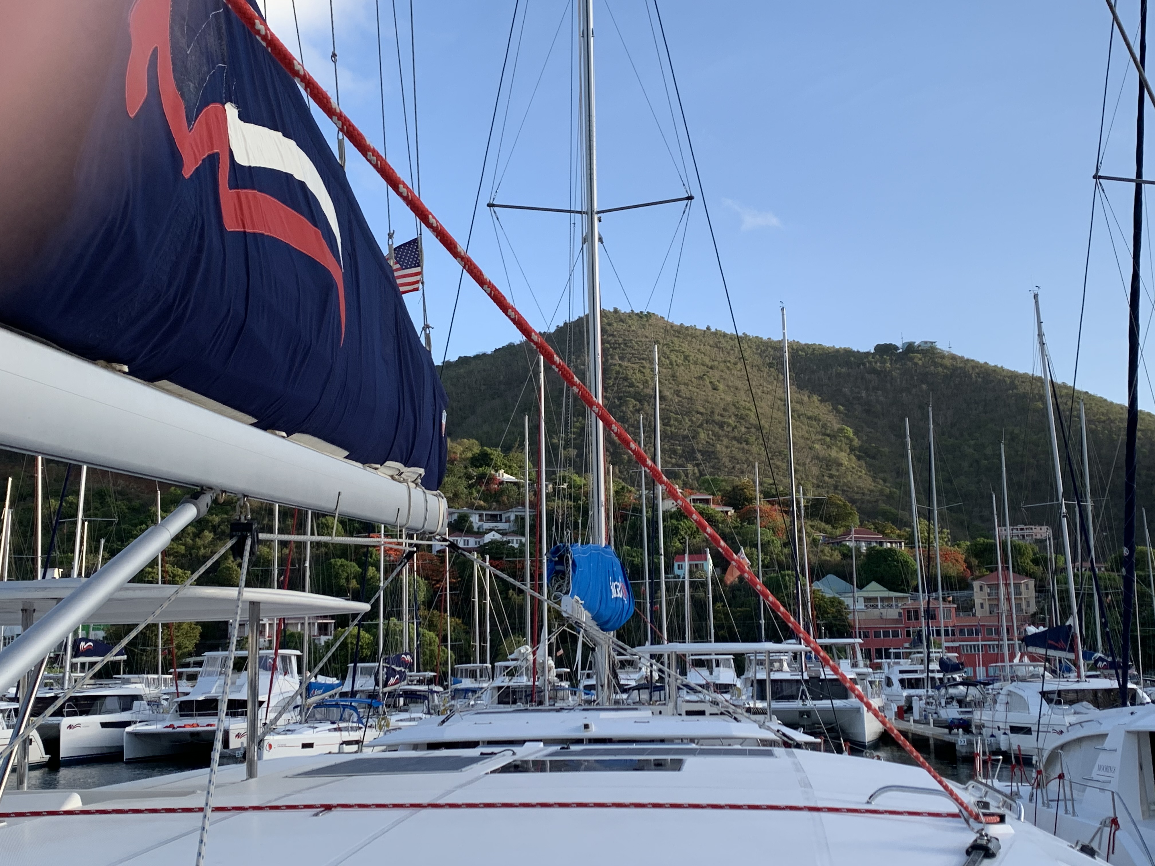 View from the bow of a catamaran at the marina
