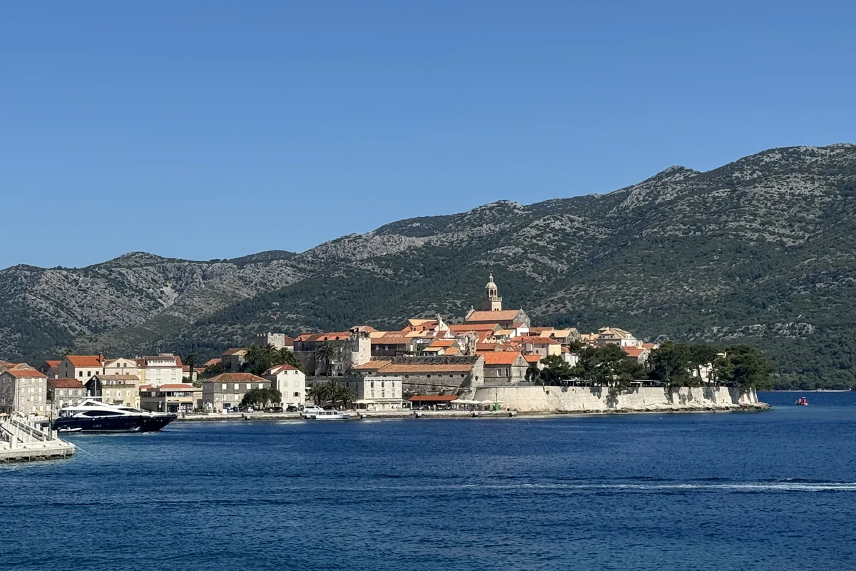 The walled old town of Kor&ccaron;ula seen from the water, on Croatia's Dalmatian coast